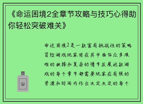 《命运困境2全章节攻略与技巧心得助你轻松突破难关》